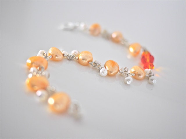 Orange freshwater pearl bracelet, orange bracelet, pearl bracelet