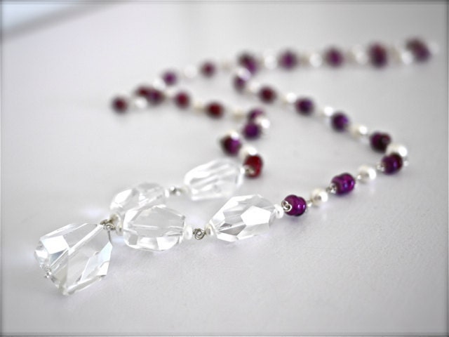 Clear crystal quartzs necklace,  freshwater pearls Necklace, beaded long necklace