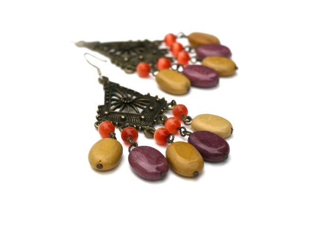 Dangle earrings, Cat eye, dye yellow and plum colour howlite earrings