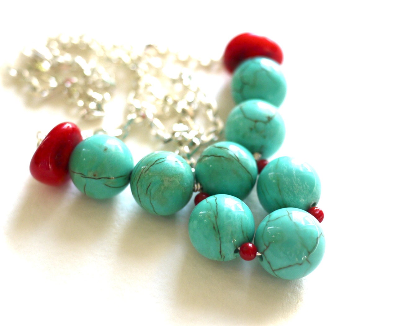 Blue turquoise necklace, beaded turquoise necklace with red coral, blue pendant chain necklace