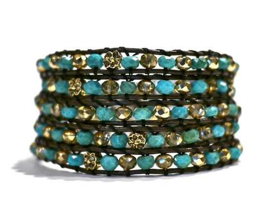 5 wrap bracelet, blue turquoise wrap bracelet,  gold wrap bracelet, brown  bracelet, blue bracelet, gold bracelet