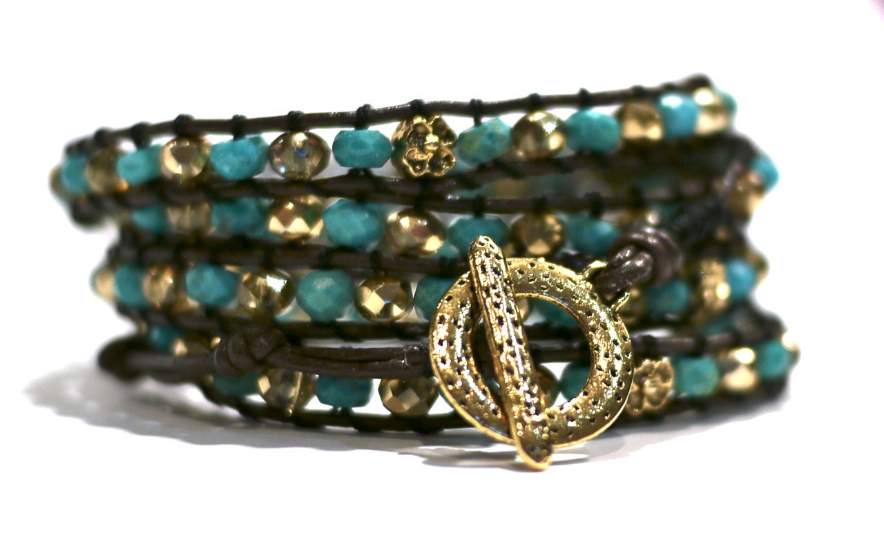 5 wrap bracelet, blue turquoise wrap bracelet,  gold wrap bracelet, brown  bracelet, blue bracelet, gold bracelet
