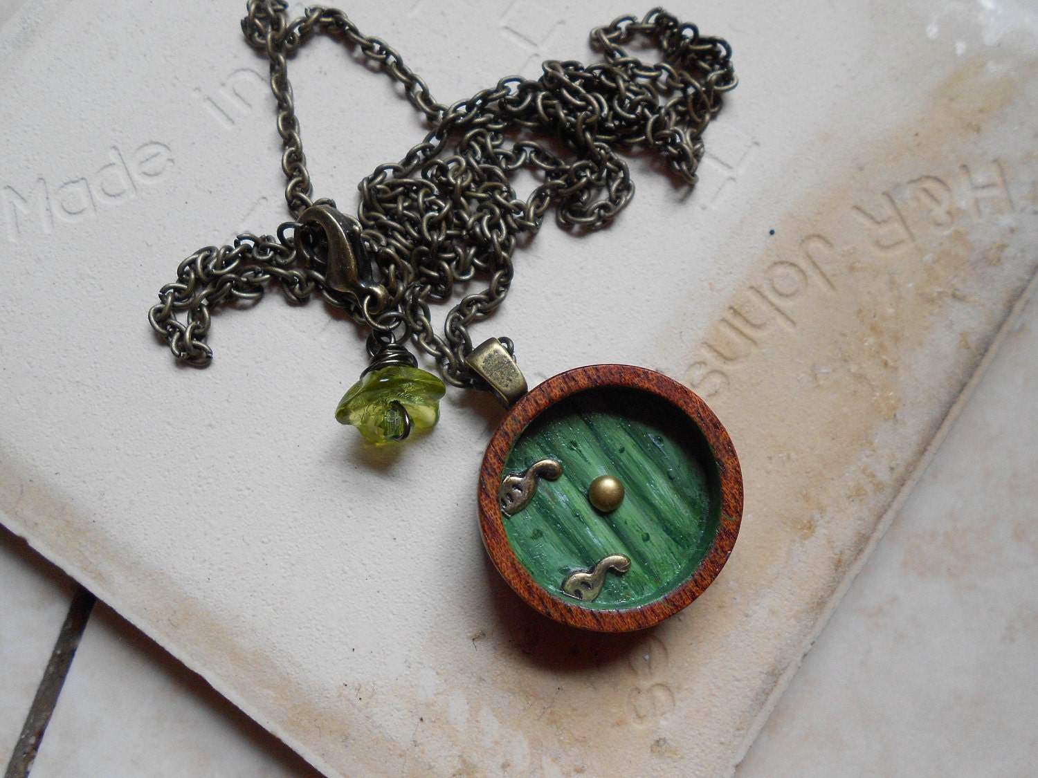 RESERVED Into the Shire, Hobbit Door Necklace, Painted Wood, Antique Brass Chain, Made to Order