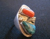 Vintage Native American Red Coral and Turquoise Southwestern Sterling Silver Ring SIZE 12