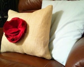 Burlap Decorative Pillow with Custom Color Fabric Flower Accent, Choose your color flower, 17"x17"