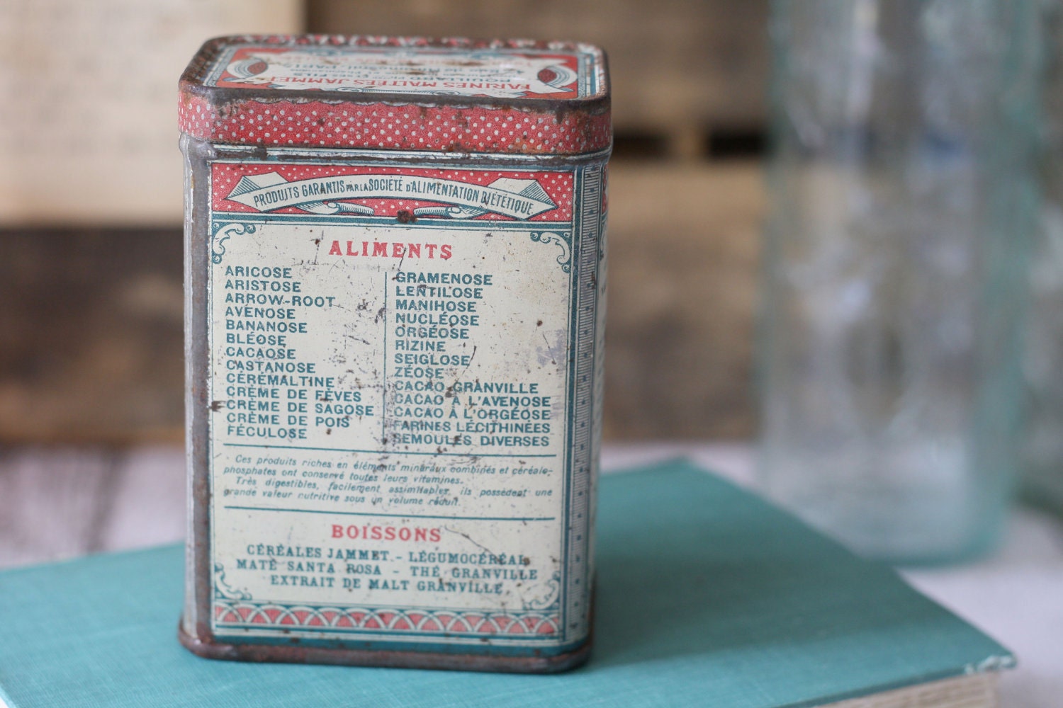 Antique French Tin - Malted Flour Tin - Teal and Pink - Very old and Rare - circa 1900's