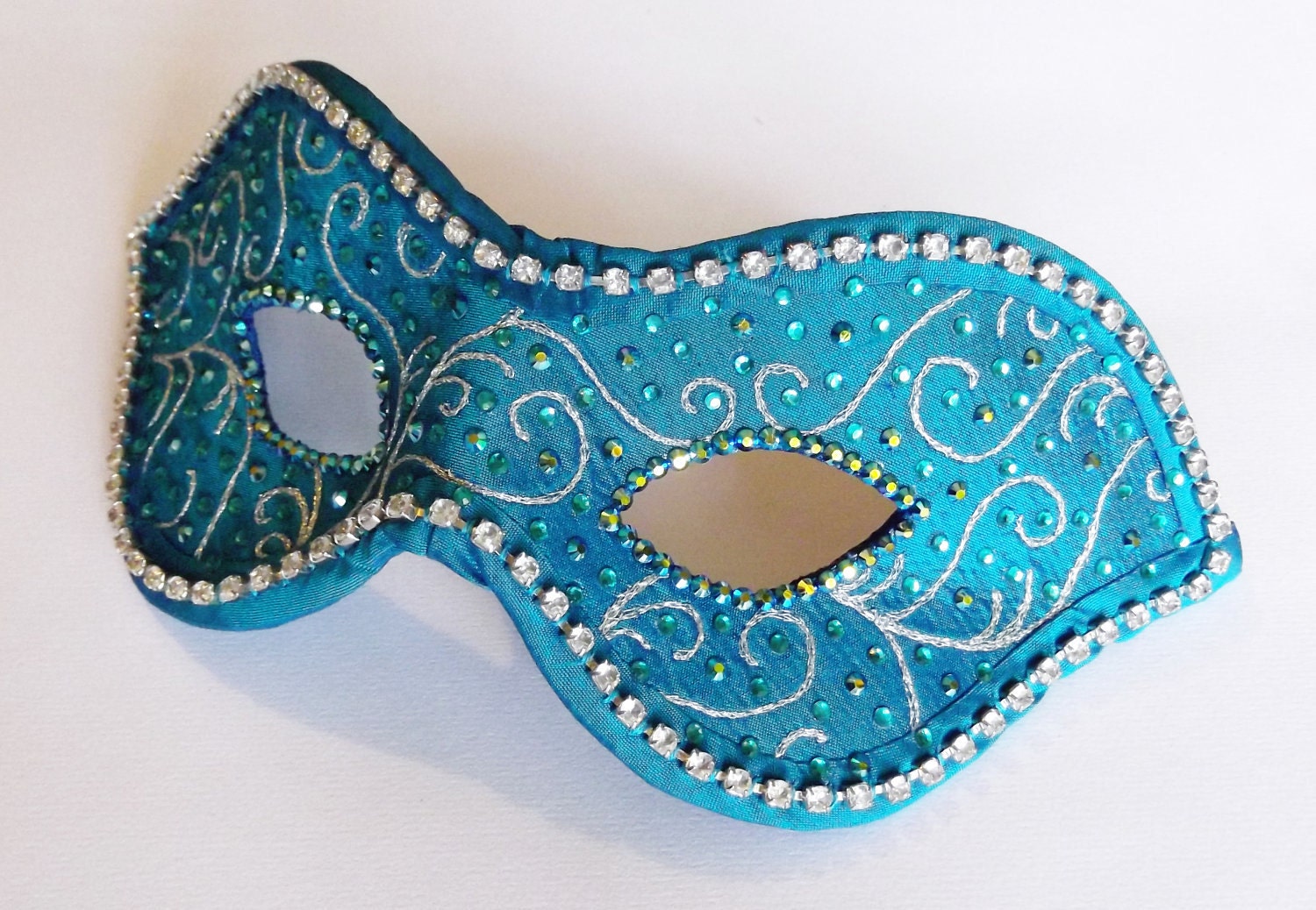 Couture Masquerade Ball Mask- Silk Turquoise and Silver
