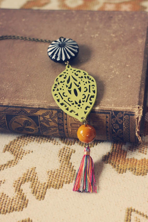 mirielle.  an eclectic beaded wood and tassel gypsy necklace.
