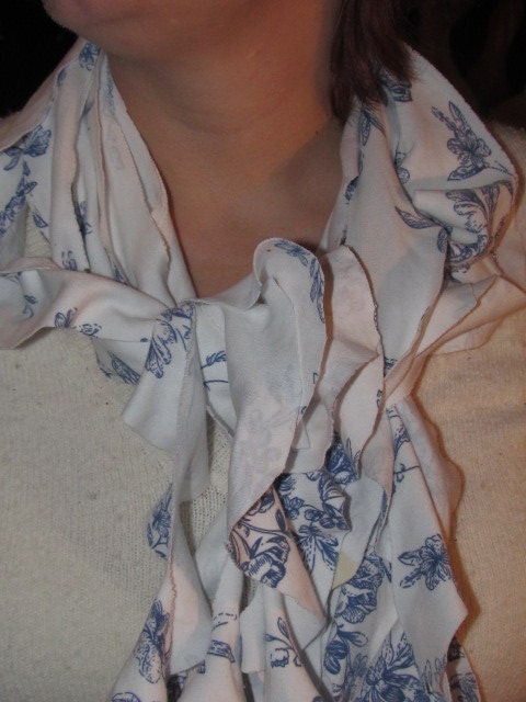 Ruffle Scarf Eco Friendly recycled upcycled Tshirt  and pin white with blue floral designs .