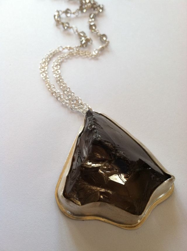 Large Smokey Quart Pendant on Sterling Silver Beaded Chain