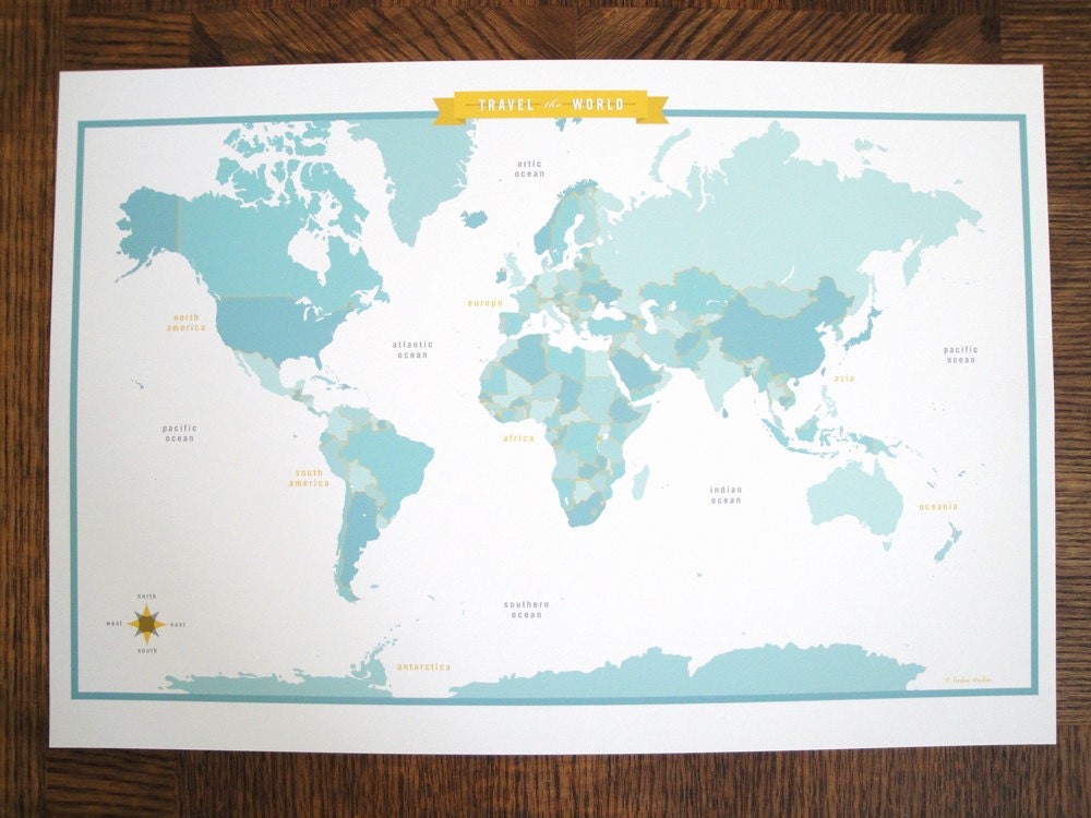 World Map - Mint - modern design print 13x19