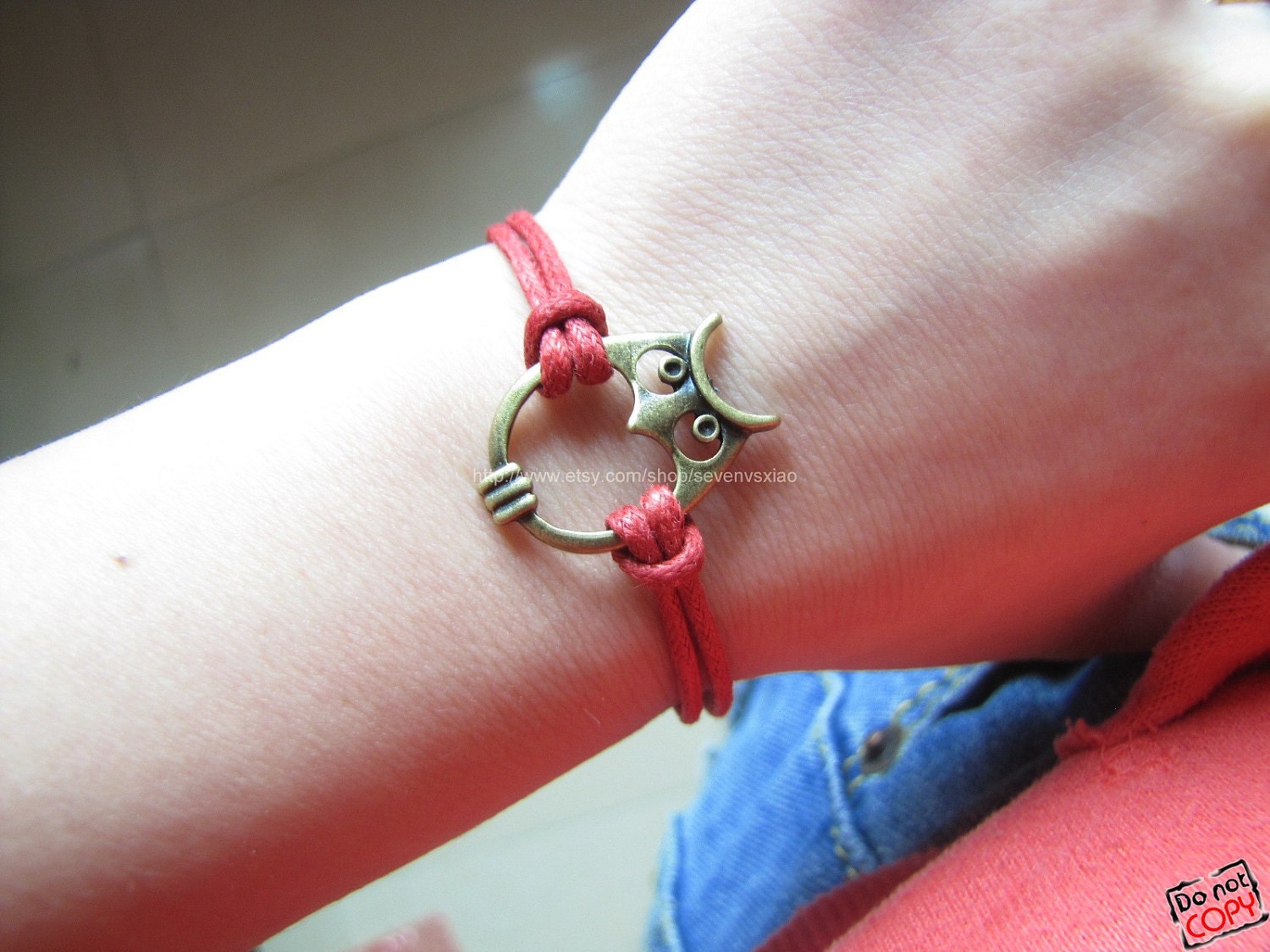 adjustable Red Hemp Ropes Bracelet antique bronze retro style Owl Bracelet Cuff Bracelet 447S