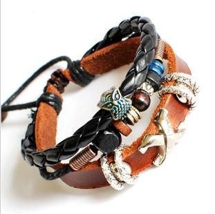 Adjustable Blue Owl bracelets Cuff made of Leather and Color Wooden Beads unisex bracelet cuff bracelet Jewelry Bangle bracelet 685S1