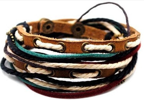 All product have a discount 10% OFF Adjustable Bracelet Cuff made of Brown Leather Multicolour Ropes and metal Woven Snapper 1S