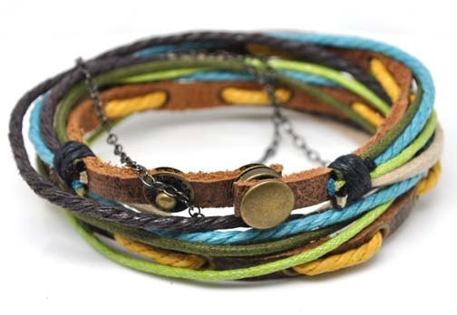 Adjustable Bracelet Cuff made of Brown Leather Multicolour Ropes and metal Woven Snapper  44S-A