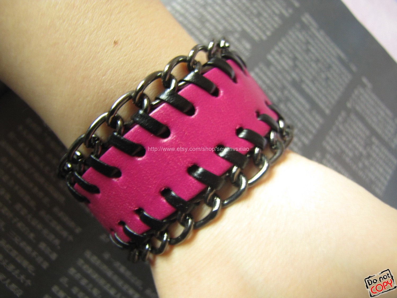 Easter Gift Fashion Adjustable Pink Leather Bracelet/Chain Bracelet made of leather and metal  421S