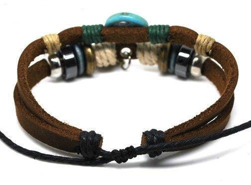 10% OFF Blue Anti-war peace peaceful Adjustable Couple bracelets Cuff made of Brown Leather Ropes and Color Wooden Beads 239S2