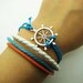 Adjustable Vintage Silver Bacelet  Blue Rudder Bracelet  With Rope Leather  Cuff  Bracelet  Vintage bracelet  Jewelry Bangle bracelet  792S