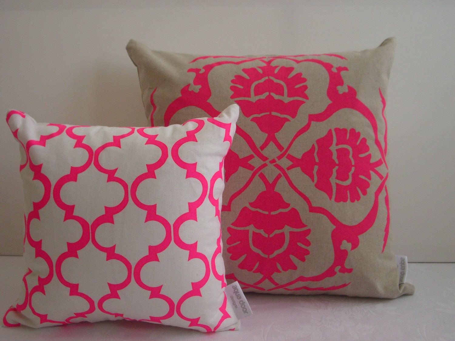 Cushion cover Floral A design. Fluro pink design on sand beige Linen/Cotton 50cm x 50cm