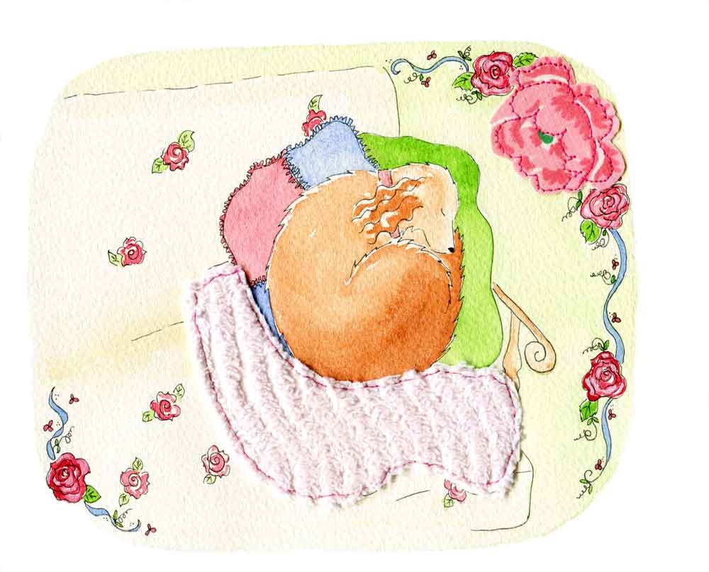 Illustration Art Print Puppy Dog Sleeping Watercolor with Chenille Free Motion Shabby Chic  8"x 10" pink