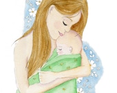 Mother & Baby Illustration  Print " Baby Blue"  8x10inch