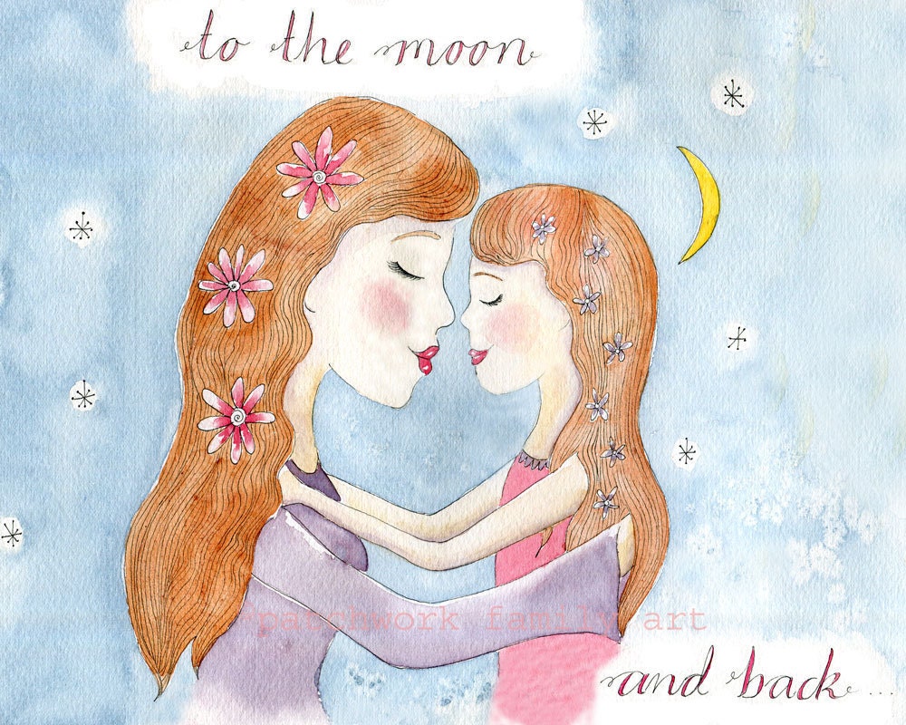 Mother and Child Illustration Typography Art Print " To the Moon and Back" 8x10 inch