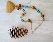 Vintage Boho Necklace, Wood pendant and glass beads Necklace, Gypsy necklace, Hippi 70s style jewelry, green. blue, brown