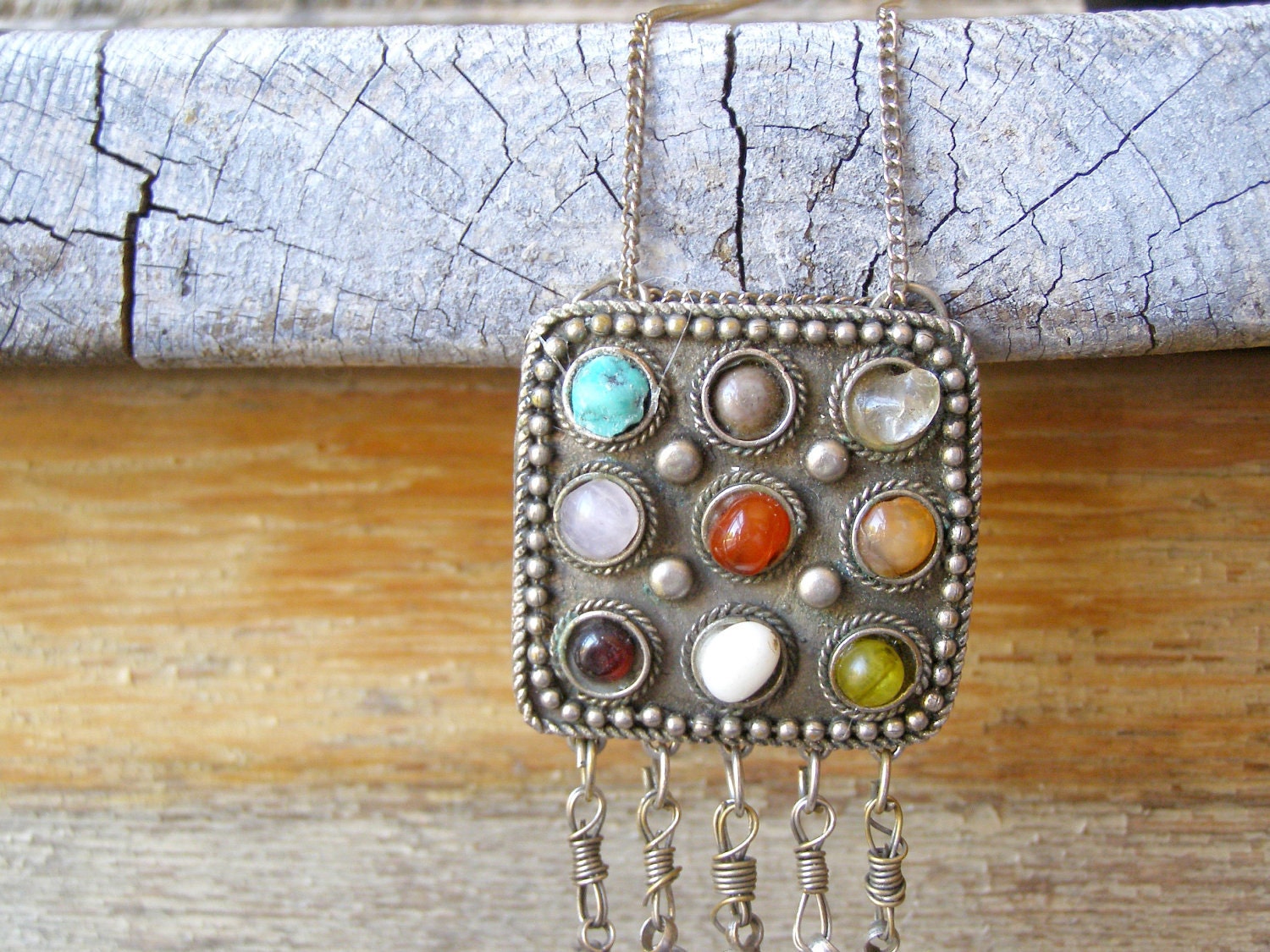 Up cycled vintage Necklace, Gemstones BOHO pendant Necklace