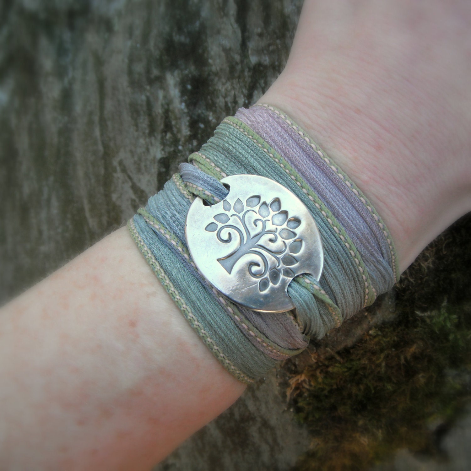Tree of Life Bracelet, Yoga Jewelry, Silver & Silk Wrap Bracelet- Artisan Crafted Recycled Fine Silver