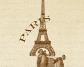 Eiffel Tower French Poodle Dog Paris Text Script Digital Image Download Transfer To Pillows Tote Tea Towels Burlap No. 1261  SEPIA