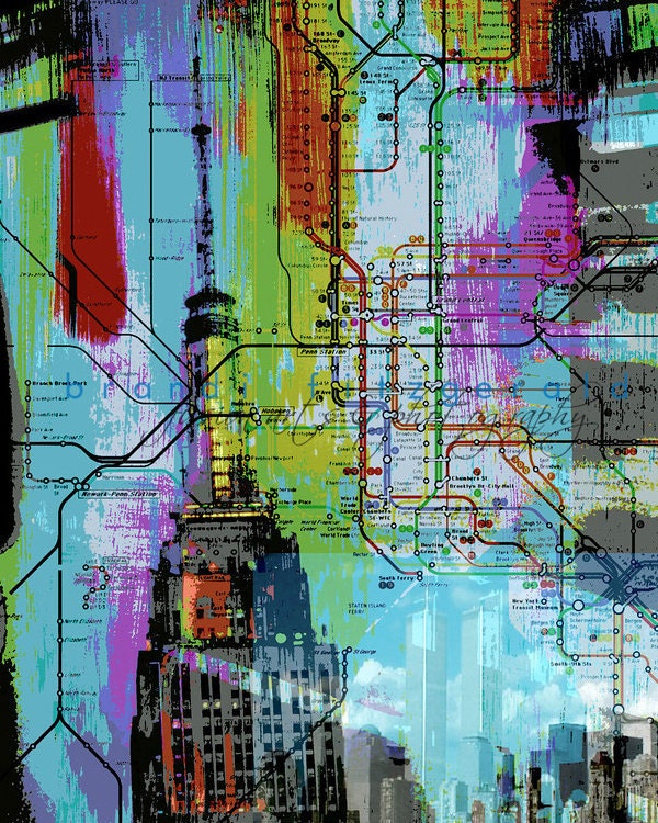 World Trade Empire.  8" x 10"  NYC Empire State Trade Center Subway Map Fusion Paintographic