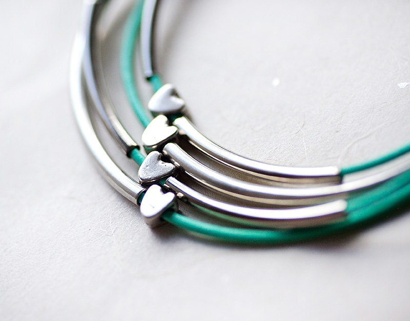 Mint Green Leather Bracelet with Golden or Silver Small Hearts and Tubes by pardes israel