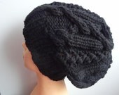 Handmade Knitt Cable Hat Beanien Slouchy Black Hat Beanie Large  for Men and Women  BLACK Oversized Hat - Chunky Knit Cable knit hat