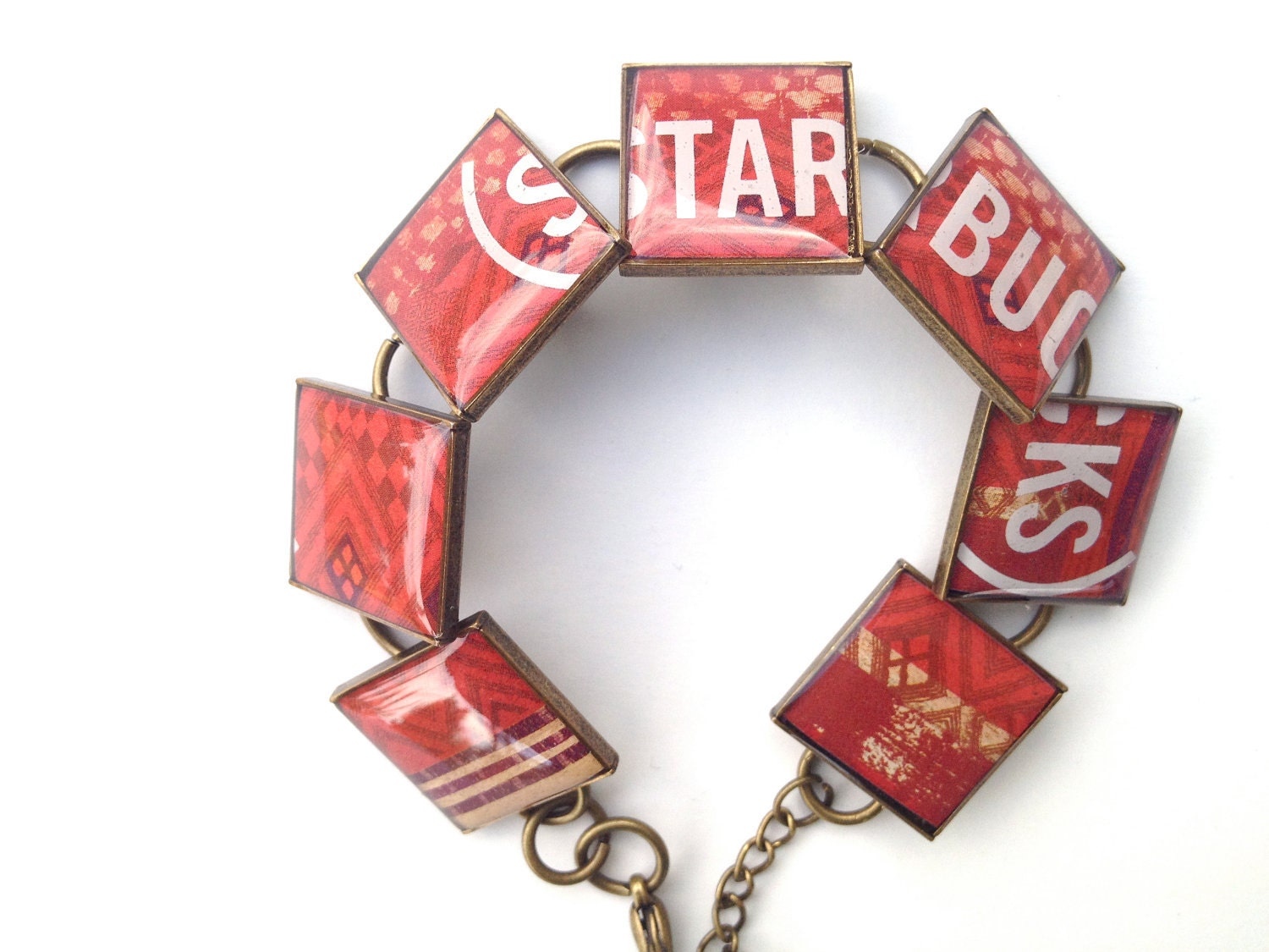 Resin Jewelry, Recycled jewelry, Starbucks Jewelry, custom bracelets, antique bronze bracelets (Red)