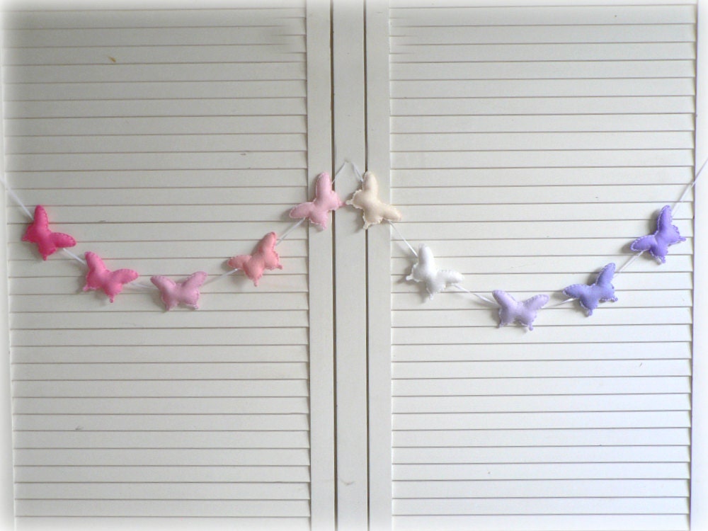 Pastel butterfly banner/ garland/ bunting - purple, pink, white and cream felt butterflies - bedroom decor - party decoration