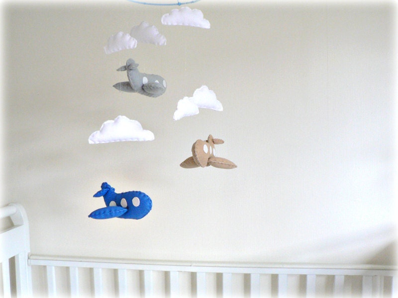 Airplane mobile - You pick your colors - blue, gray and beige planes and white clouds - Nursery Decor
