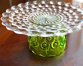 Green Cake Stand for Spring Weddings or Vintage Tea Parties / Glass Dessert Pedestal / Cupcake Stand Truffle Pedestal for Wedding Truffles