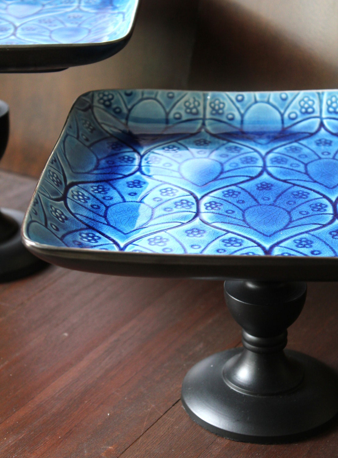 Ceramic Cake Stand Pedestal in Cobalt Blue / Cupcake Stand / Dessert Pedestal / Petit Four Platter Tray for Petit Fours / Square Cake Stand