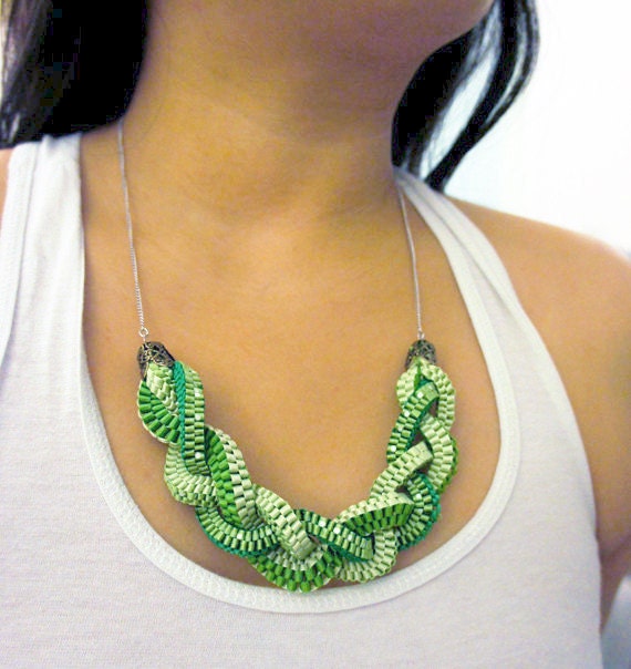 Ribbon Necklace- Braids Tropical Green