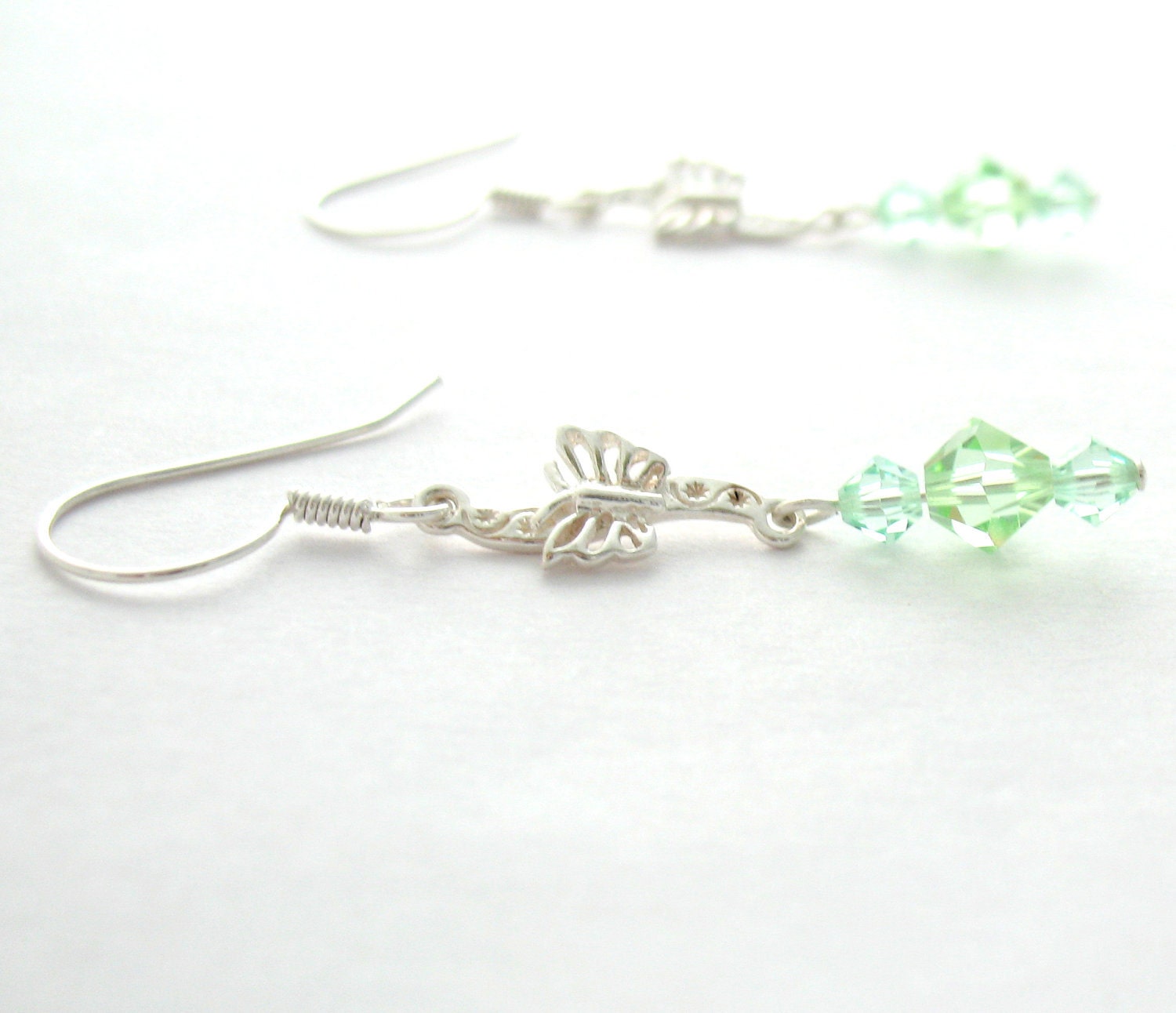 Sterling Silver Mint Green Crystal Butterfly Earrings, Swarovski Crystallized Elements