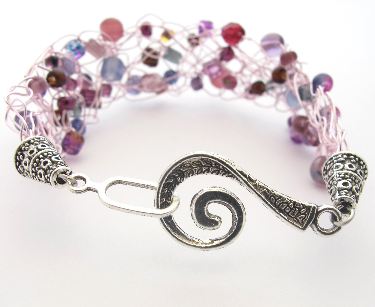 Crochet Wire Beaded Bracelet, Purple & Pastel Pink