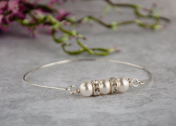Bridal Bracelet Sterling Silver Bangle Pearl Bracelet Swarovski Pearls White Beige Ivory Bridesmaids Bracelets