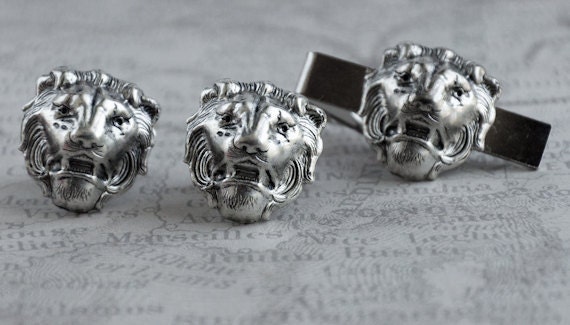 Lion Cufflinks Set Tie Clip Men's Cufflinks Lion Vintage Style Silver Plated Lions Gothic Victorian Safari Animals Gifts Accessories