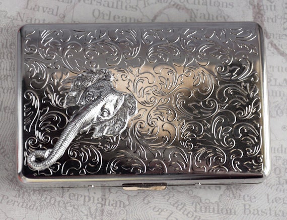 Elephant Cigarette Case Lion Large Size Vintage Style Silver Plated Gothic Victorian Steampunk Fahter's Day Metal Wallet