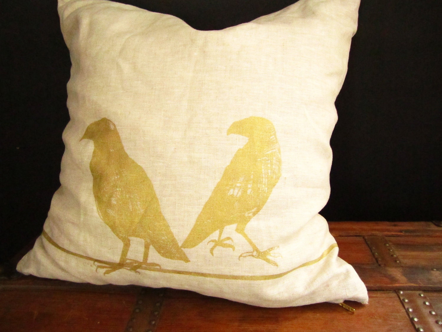 linen throw pillow, organic cotton and kapok insert. hand silk screened crows ravens gold