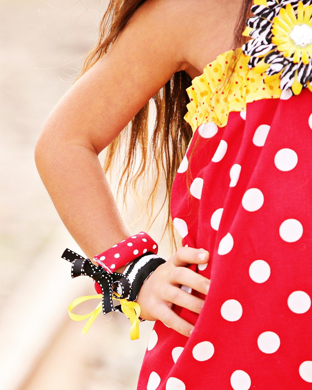 minnie mouse dress up Disney fabric bracelet zebra bangle chunky no clang red yellow polka dot  fabric ribbon tie on one size fits most