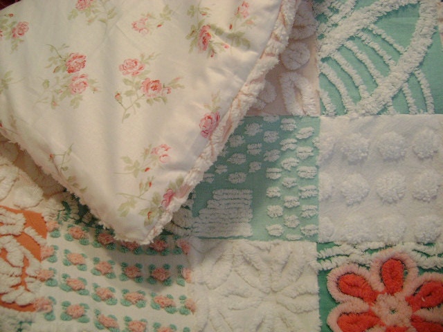 RESERVED for Sheri - Custom QUEEN Size Quilt - Super PLUSH / Rare Vintage Chenille - Aqua, Pink, Raspberry and White - Etsy Treasure