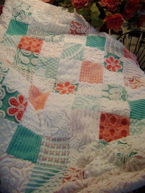 RESERVED for Sheri - Custom QUEEN Size Quilt - Super PLUSH / Rare Vintage Chenille - Aqua, Pink, Raspberry and White - Etsy Treasure