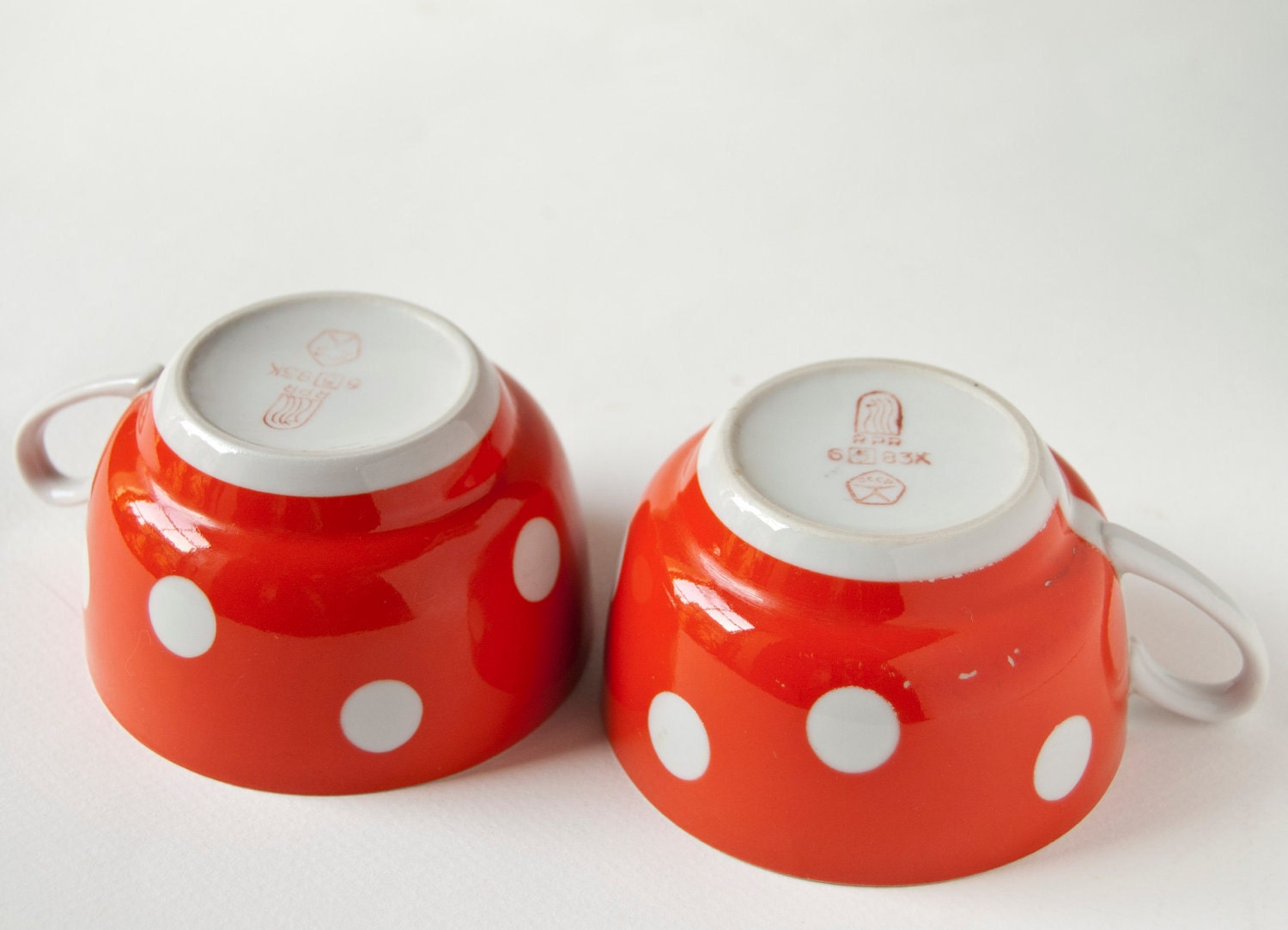 Vintage polka dot cups, red and white, Soviet Era