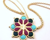 Mandala pendant necklace teal green pendant handmade jewelry tibetian style gold necklace